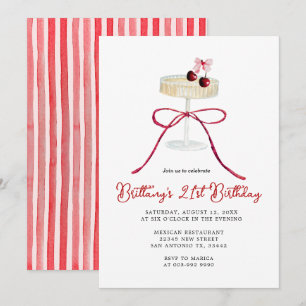 Cherry Red Bow Champagne 21st Birthday Invitation