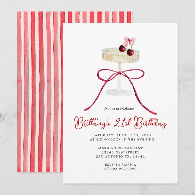 Cherry Red Bow Champagne 21st Birthday Invitation (Front/Back)
