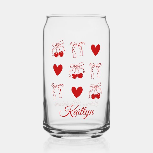 Cherry Red Bow Coquette Bachelorette Party Favour Can Glass (Front)
