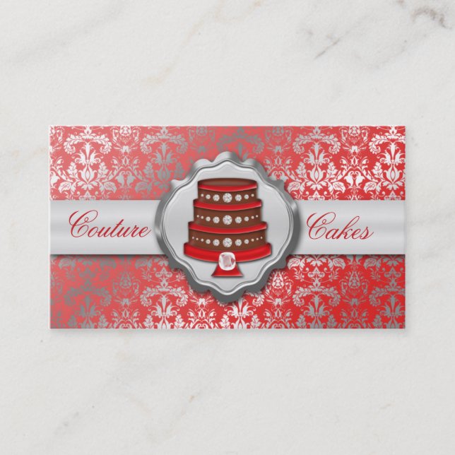 Cherry Red Cake Couture Glitzy Damask Cake Bakery Business Card (Front)