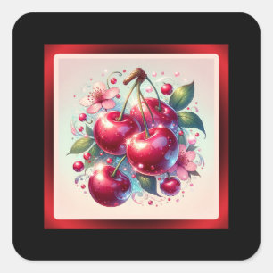 Cherry Red Cute Cherries Floral Girly Pink  Square Sticker