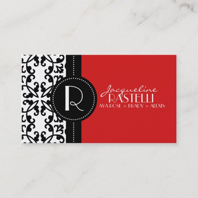 Cherry Red Estate Damask Mommy Calling Card / (Front)