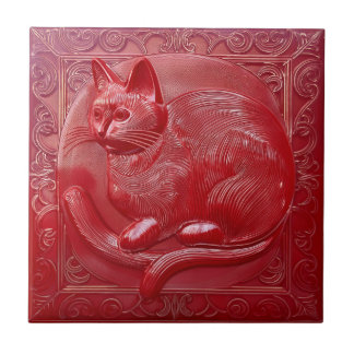 Cherry red faux relief Art Nouveau Cat Tile