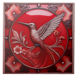 Cherry red faux relief Art Nouveau Hummingbird L Tile