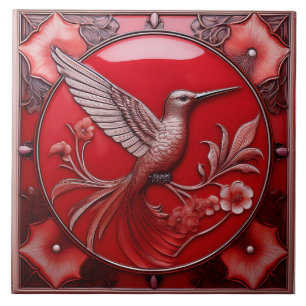 Cherry red faux relief Art Nouveau Hummingbird R Tile