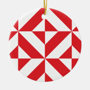 Cherry Red Geometric Deco Cube Pattern Ceramic Ornament