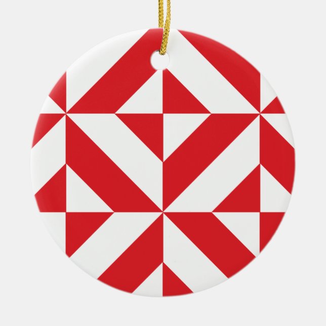 Cherry Red Geometric Deco Cube Pattern Ceramic Ornament (Front)