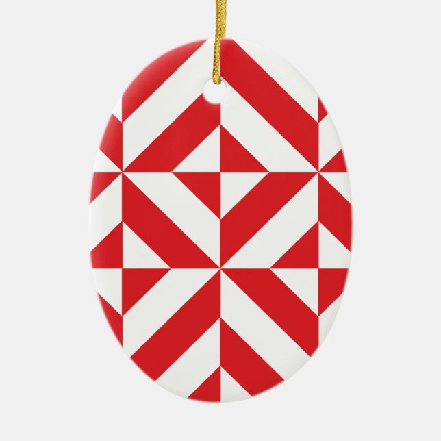 Cherry Red Geometric Deco Cube Pattern Ceramic Ornament (Front)