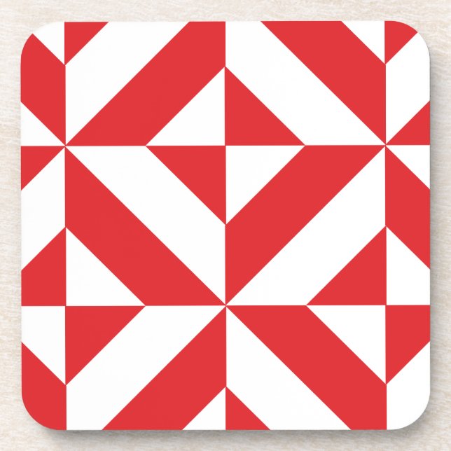Cherry Red Geometric Deco Cube Pattern Coaster (Front)