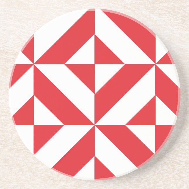 Cherry Red Geometric Deco Cube Pattern Coaster (Front)