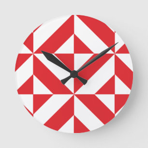 Cherry Red Geometric Deco Cube Pattern Round Clock