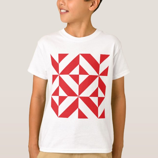 Cherry Red Geometric Deco Cube Pattern T-Shirt (Front)