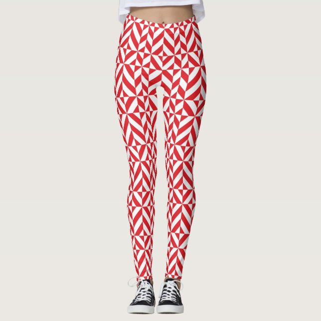 Cherry Red Geometric Pattern Leggings (Front)
