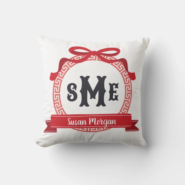 Cherry Red Greek Key Bow Monogram Throw Pillow (Front)