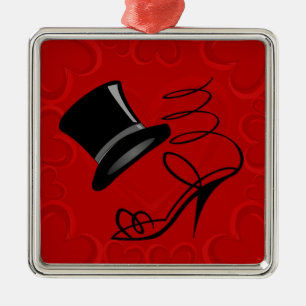 Cherry Red Hearts Top Hat and High Heels Metal Ornament