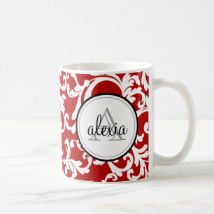 Cherry Red Monogrammed Damask Print Coffee Mug
