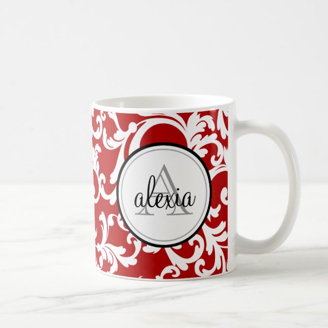 Cherry Red Monogrammed Damask Print Coffee Mug (Right)