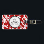 Cherry Red Monogrammed Damask Print Luggage Tag<br><div class="desc">Cherry Red Monogrammed Damask Print</div>