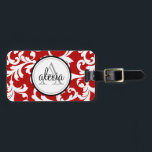 Cherry Red Monogrammed Damask Print Luggage Tag<br><div class="desc">Cherry Red Monogrammed Damask Print</div>