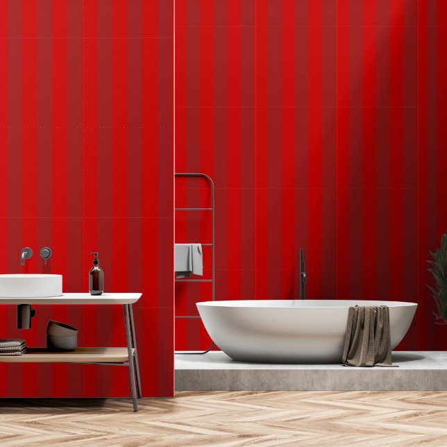 Cherry Red On Tomato Red Ultra Wide 4 Inch Stripes Wallpaper (Bathroom)