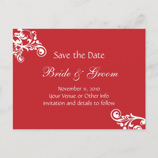 Cherry Red Personalized Flourish Save the Date Announcement Postcard (Front)