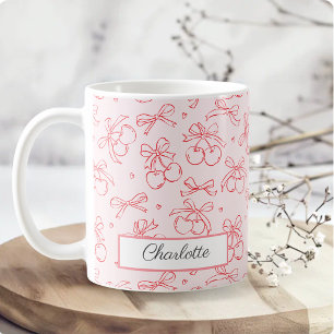Cherry Red Pink Bow Coquette Personalized Name Coffee Mug