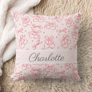 Cherry Red Pink Bow Coquette Personalized Name Throw Pillow