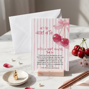 Cherry Red Pink Bow Retro Girl Shower Thank You Card