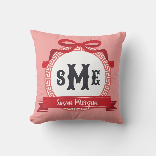 Cherry Red Reverse Greek Key Bow Monogram Throw Pillow (Front)