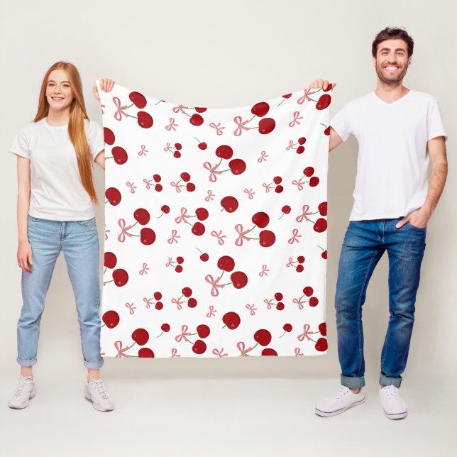 Cherry Red Ribbon Seamless Pattern Cute Fruit Desi Fleece Blanket (In Situ)