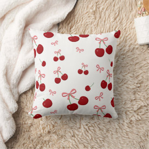 Cherry Red Ribbon Seamless Pattern Cute Fruit Desi Throw Pillow