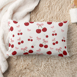 Cherry Red Ribbon Seamless Pattern Cute Fruit Lumbar Pillow