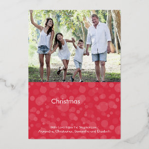 Cherry Red Script Bokeh Merry Christmas Photo Foil Holiday Card
