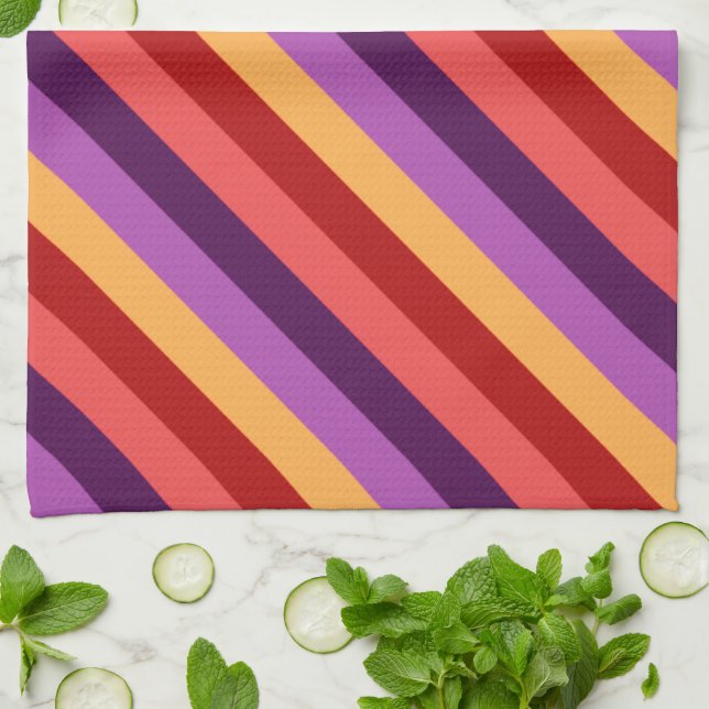 Cherry Red Violet Stripes Kitchen Towel (Folded)