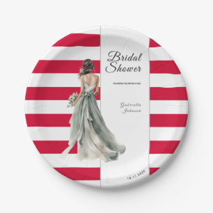 Cherry Red Vivid Stripes Watercolor Bridal Shower Paper Plate