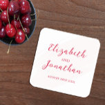 Cherry Red Wedding Square Paper Coaster<br><div class="desc">Add a bold pop of color to your celebration with this cherry red wedding collection. Modern romantic typography with pink brushstroke accent</div>