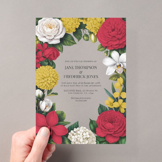 Cherry Red, White & Gold Floral Wedding Acrylic Invitations (Insitu (Handheld))