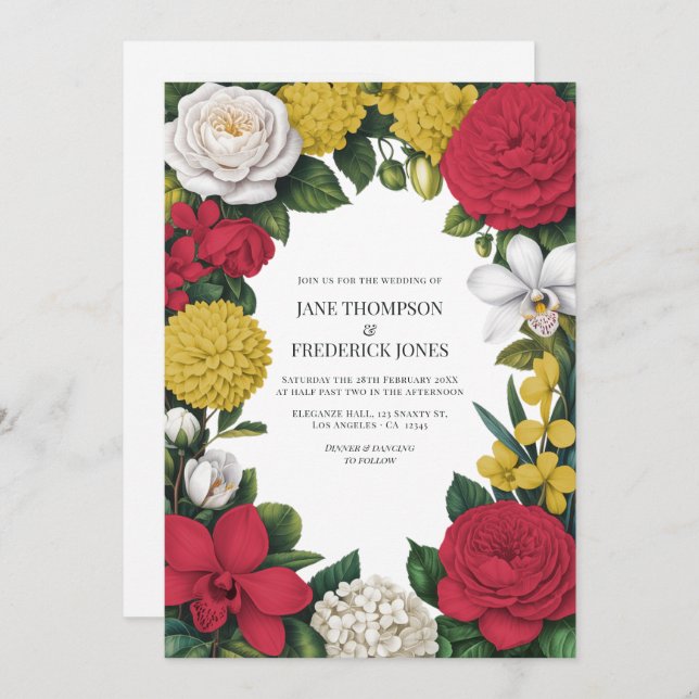 Cherry Red, White & Gold Floral Wedding Invitation (Front/Back)