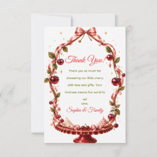 Cherry Ribbon Baby Shower Pink Satin Bow Cherries Thank You Card