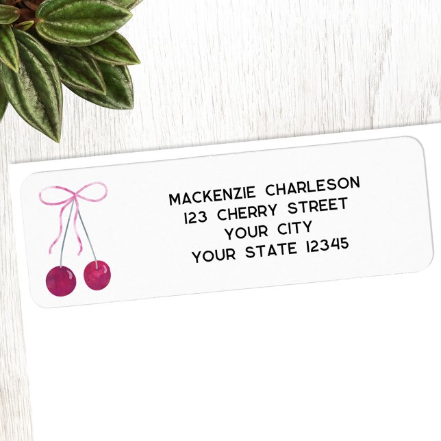 Cherry Ribbon Bow Watercolor Adresse de retour (Cherry with ribbon and bow watercolor return address label)