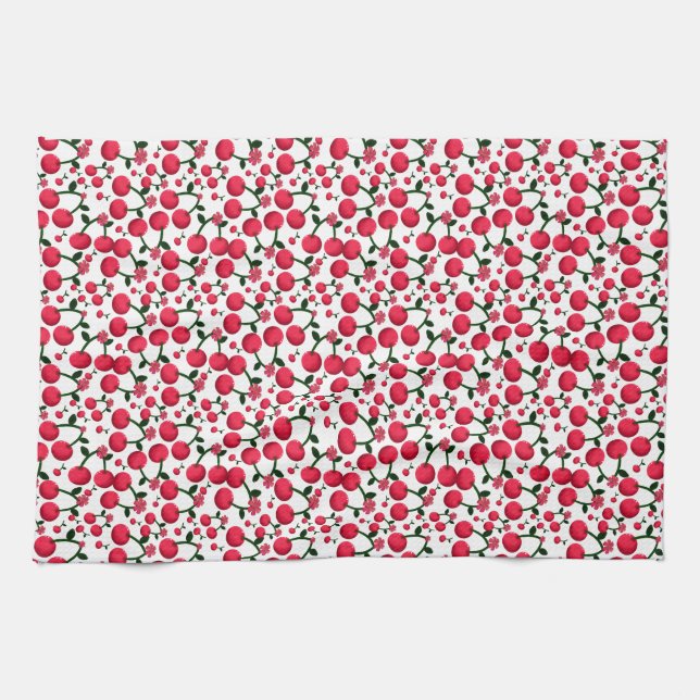 Cherry Seamless Pattern, Red Fruit Pattern, Cute C Kitchen Towel (Horizontal)
