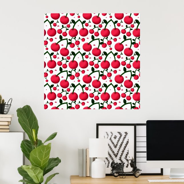 Cherry Seamless Pattern, Red Fruit Pattern, Cute C Poster (Home Office)