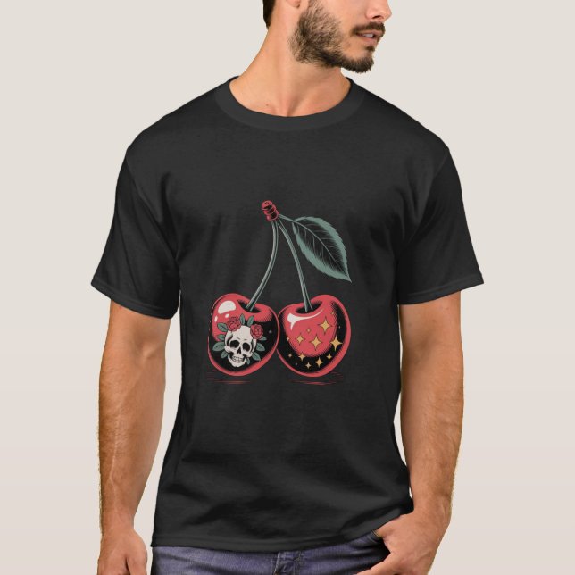 Cherry Skull and Stars Tattoo Style Pinup Art T-Shirt (Front)