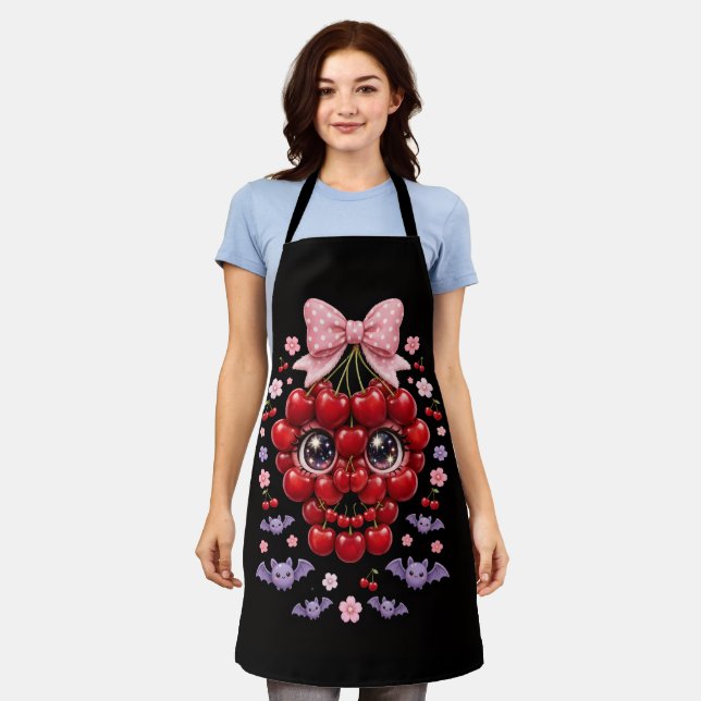 Cherry Skull Bow Apron Kawaii Halloween Kitchen Gi (Worn)