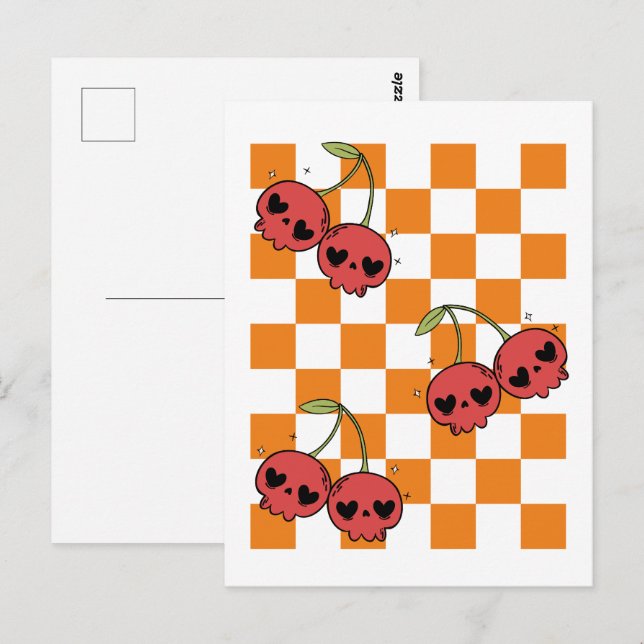 Cherry Skull Chequerboard – Punk Wall Art Postcard (Front/Back)