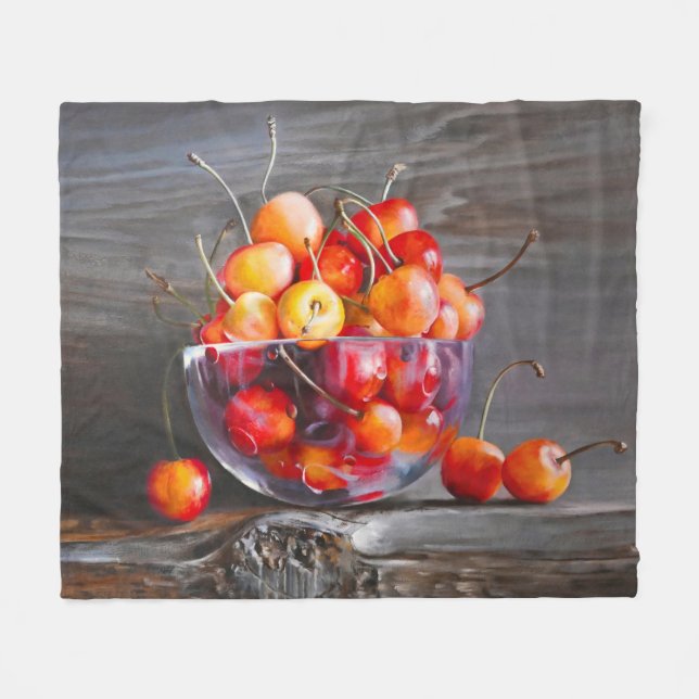 Cherry Still Life in Glass Stretched Canvas Print Fleece Blanket (Front (Horizontal))