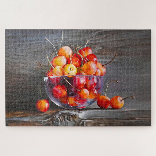Cherry Still Life in Glass Stretched Canvas Print Jigsaw Puzzle (Horizontal)