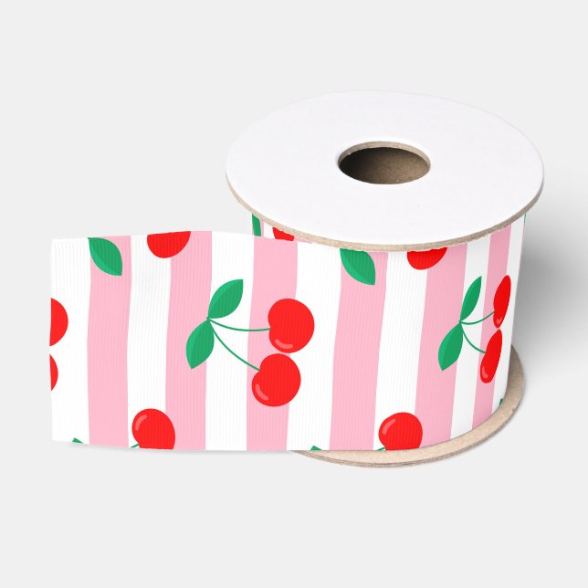Cherry Stripe Pattern – Retro Fruit Gift & Decor Grosgrain Ribbon (Spool)