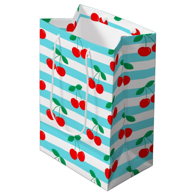 Cherry Stripe Pattern – Retro Fruit Gift & Decor Medium Gift Bag (Front Angled)