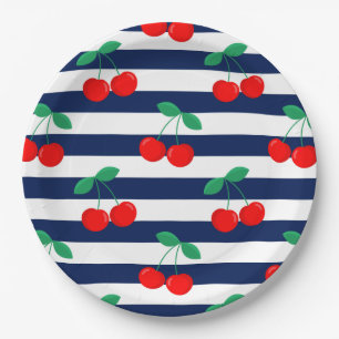 Cherry Stripe Pattern – Retro Fruit Gift & Decor Paper Plate
